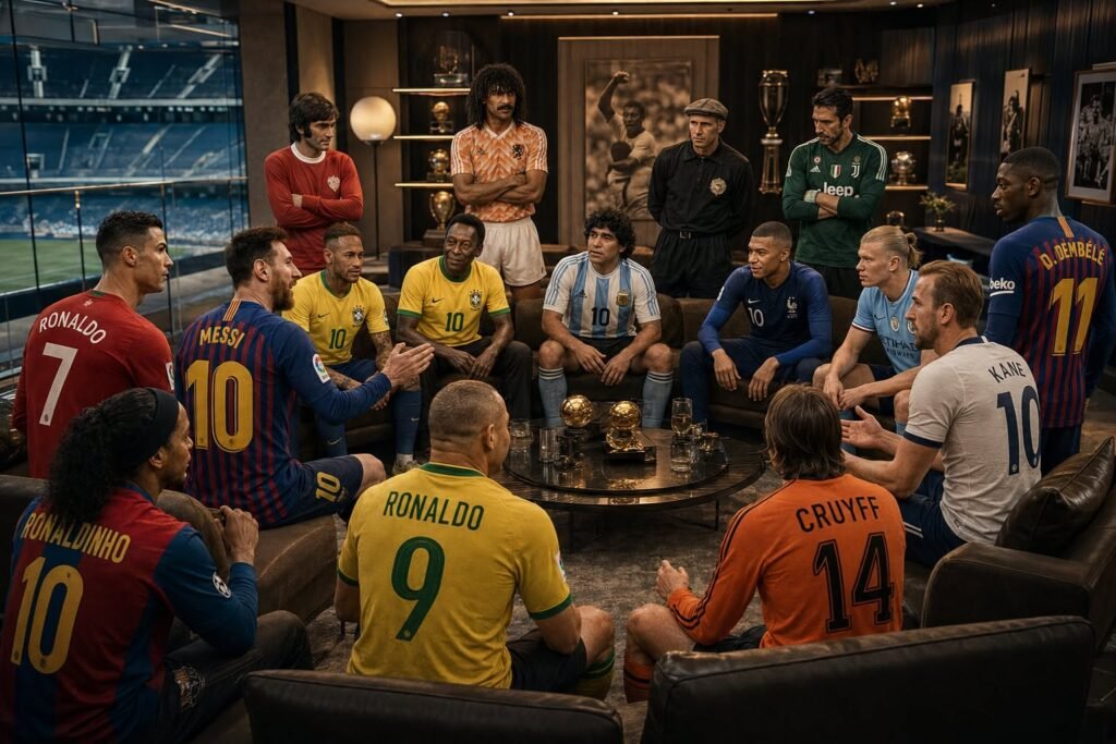 A celebration of football history, bringing together iconic players and vintage football club jerseys in one memorable gathering.